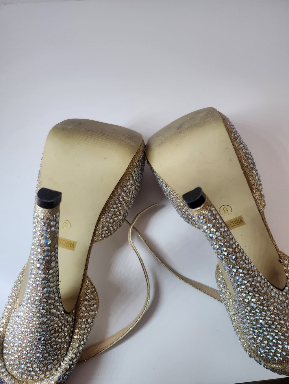 Gold Crystal Peep-Toe High Heels with Ankle Strap Bridal Prom - Picture 4 of 5